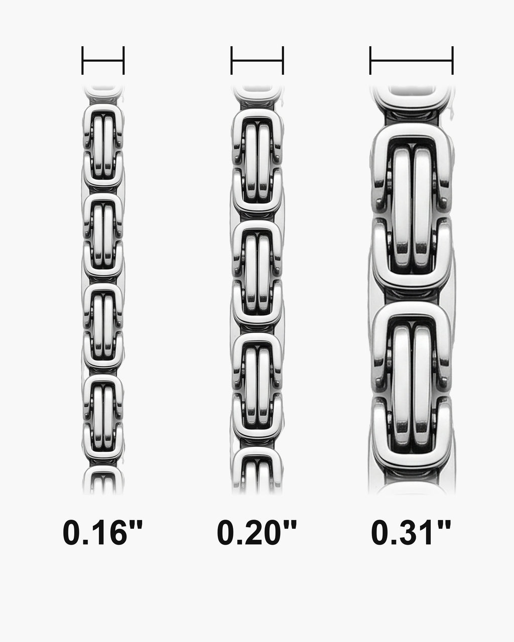 Atlas Byzantine chain widths side by side at true scale, in inches: 0.16 to 0.31 inch [u:in]