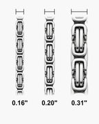 Atlas Byzantine chain widths side by side at true scale, in inches: 0.16 to 0.31 inch [u:in]