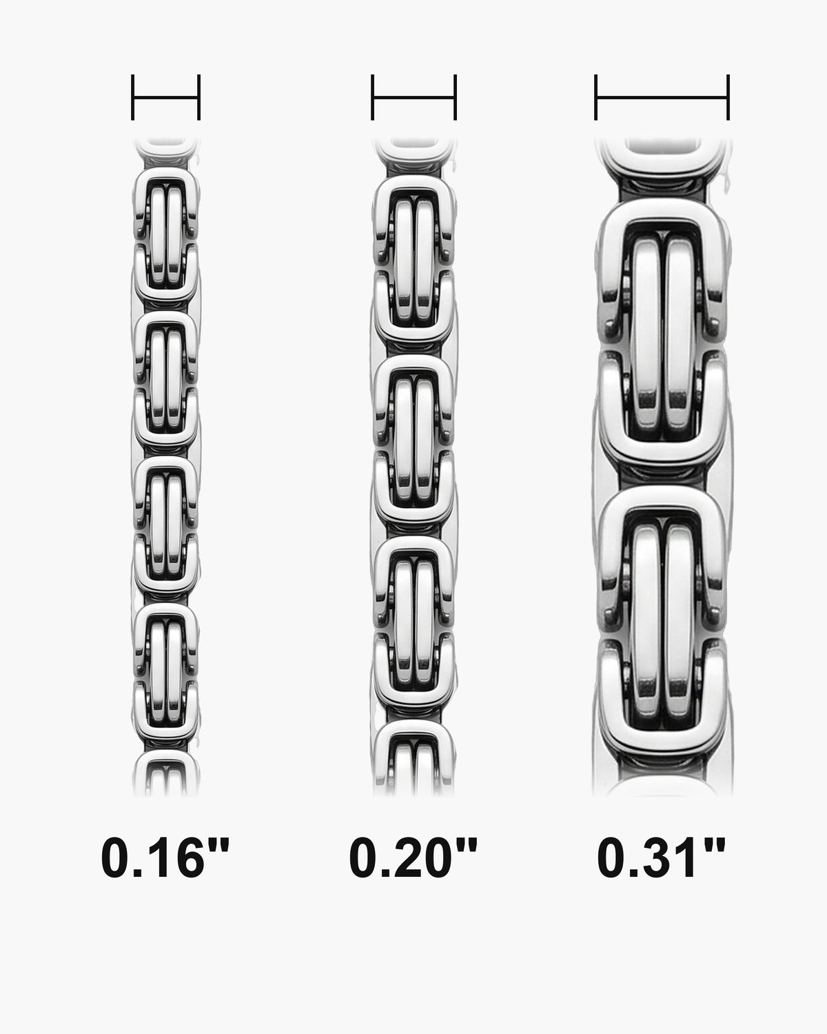 Atlas Byzantine chain widths side by side at true scale, in inches: 0.16 to 0.31 inch [u:in]
