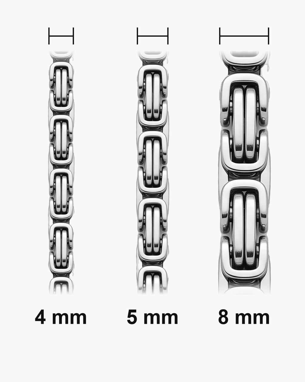 Atlas Byzantine chain widths side by side at true scale: 4, 5 and 8 mm [u:mm]