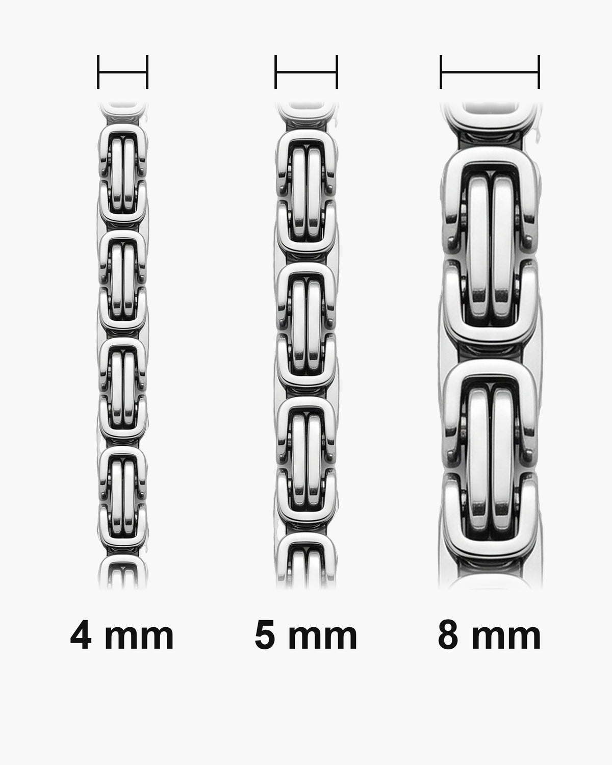 Atlas Byzantine chain widths side by side at true scale: 4, 5 and 8 mm [u:mm]