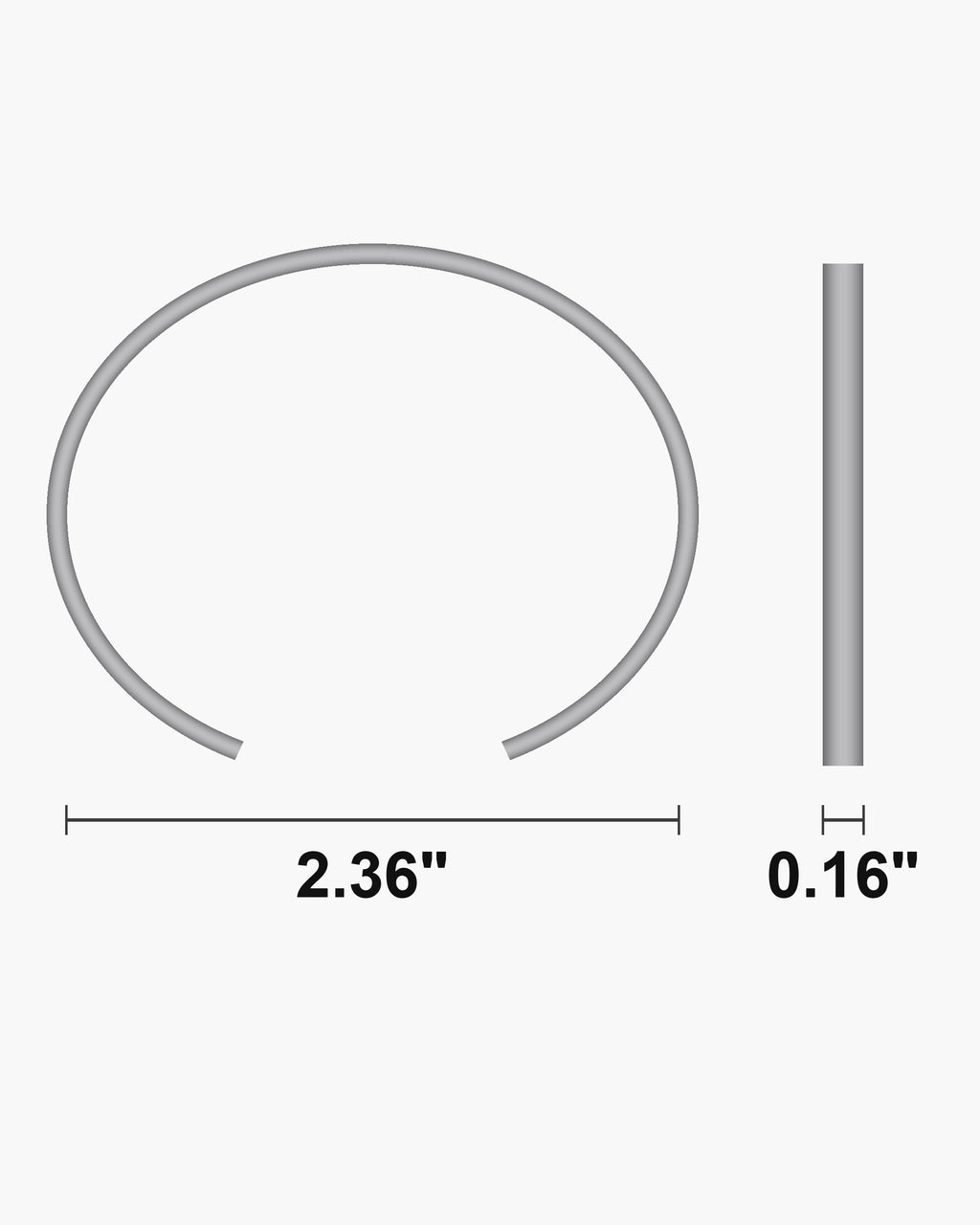 Atlas C-shaped cuff bracelet dimensions: 2.36 inch across, 0.16 inch wide [u:in]