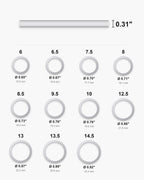 Atlas ring sizes 6 to 14.5 with inner diameters from 0.65 to 0.92 inch and the 0.31 inch band width [u:in]