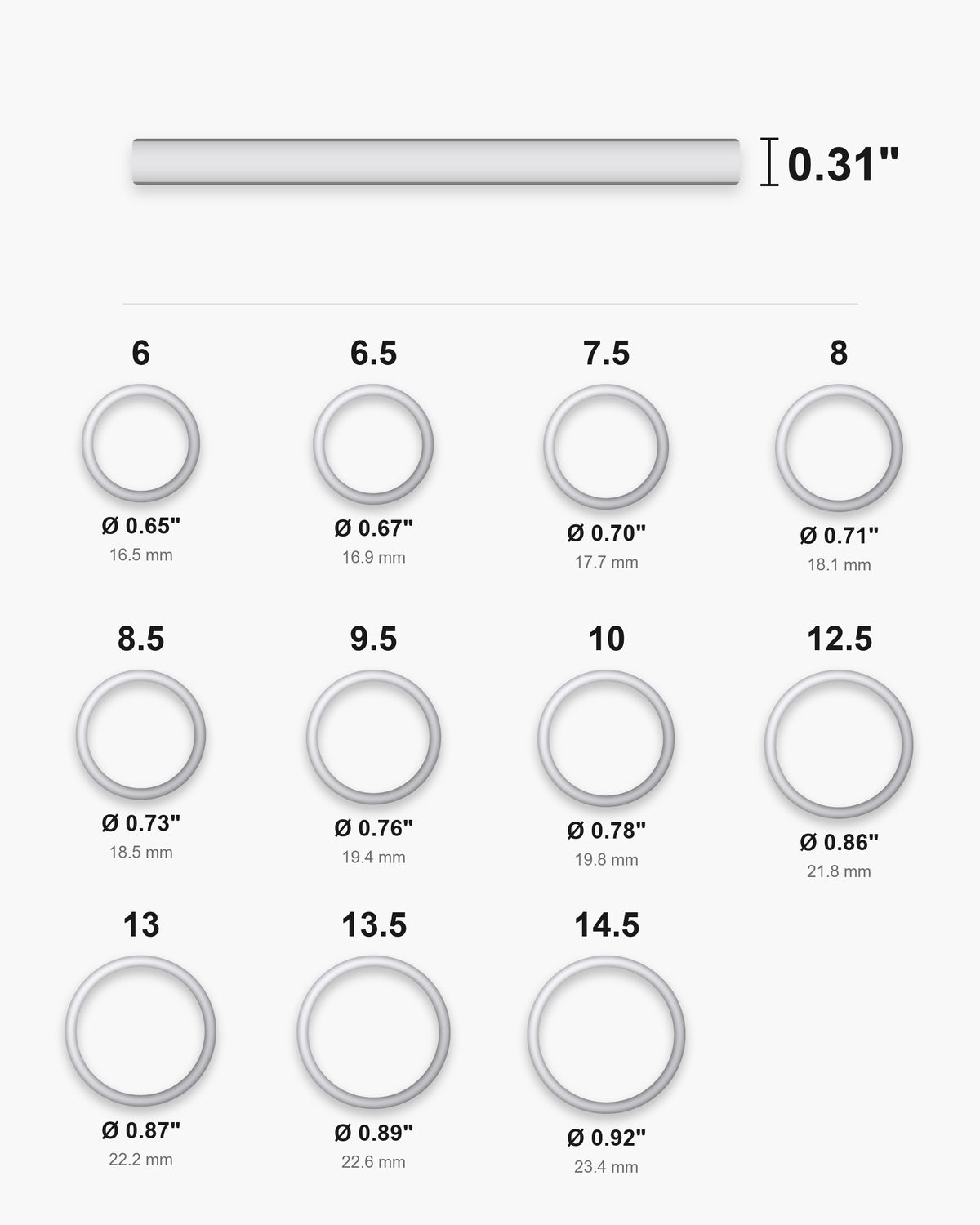 Atlas ring sizes 6 to 14.5 with inner diameters from 0.65 to 0.92 inch and the 0.31 inch band width [u:in]