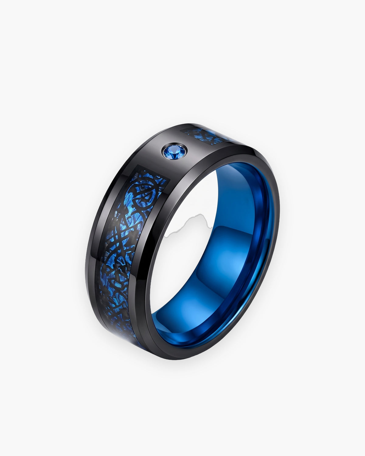 Atlas Celtic dragon inlay ring in black and blue tungsten carbide [c:blue]