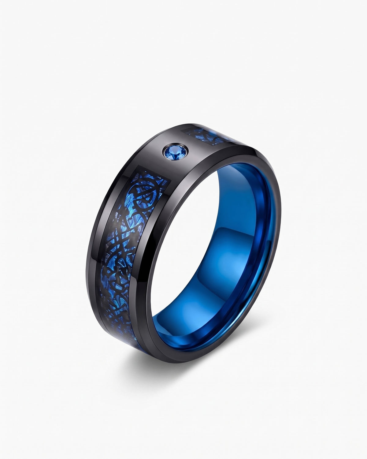 Atlas Celtic dragon inlay ring in black and blue tungsten carbide [c:blue]