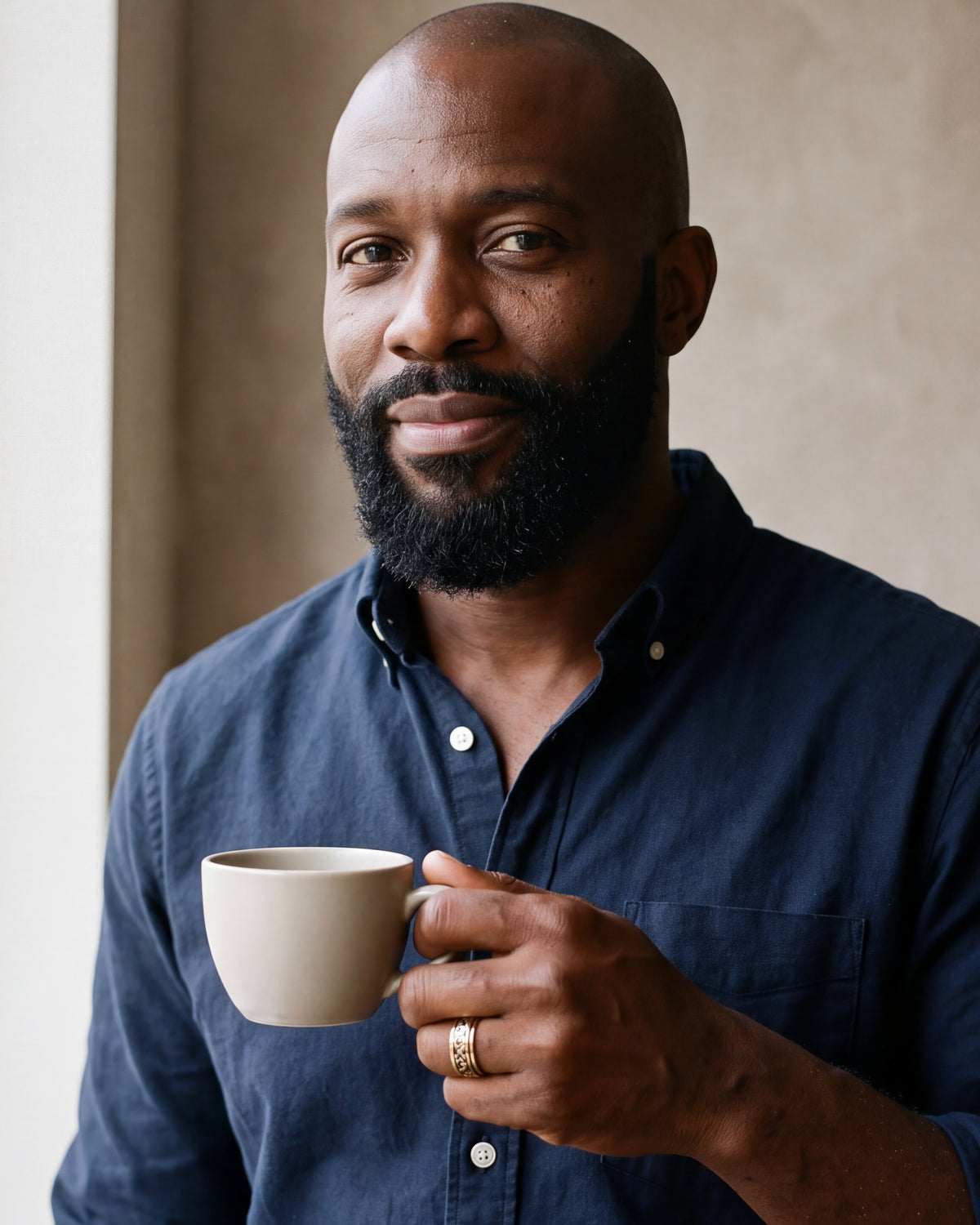 Man in a navy shirt holding a coffee cup, wearing the gold-tone Atlas Celtic knot spinner ring