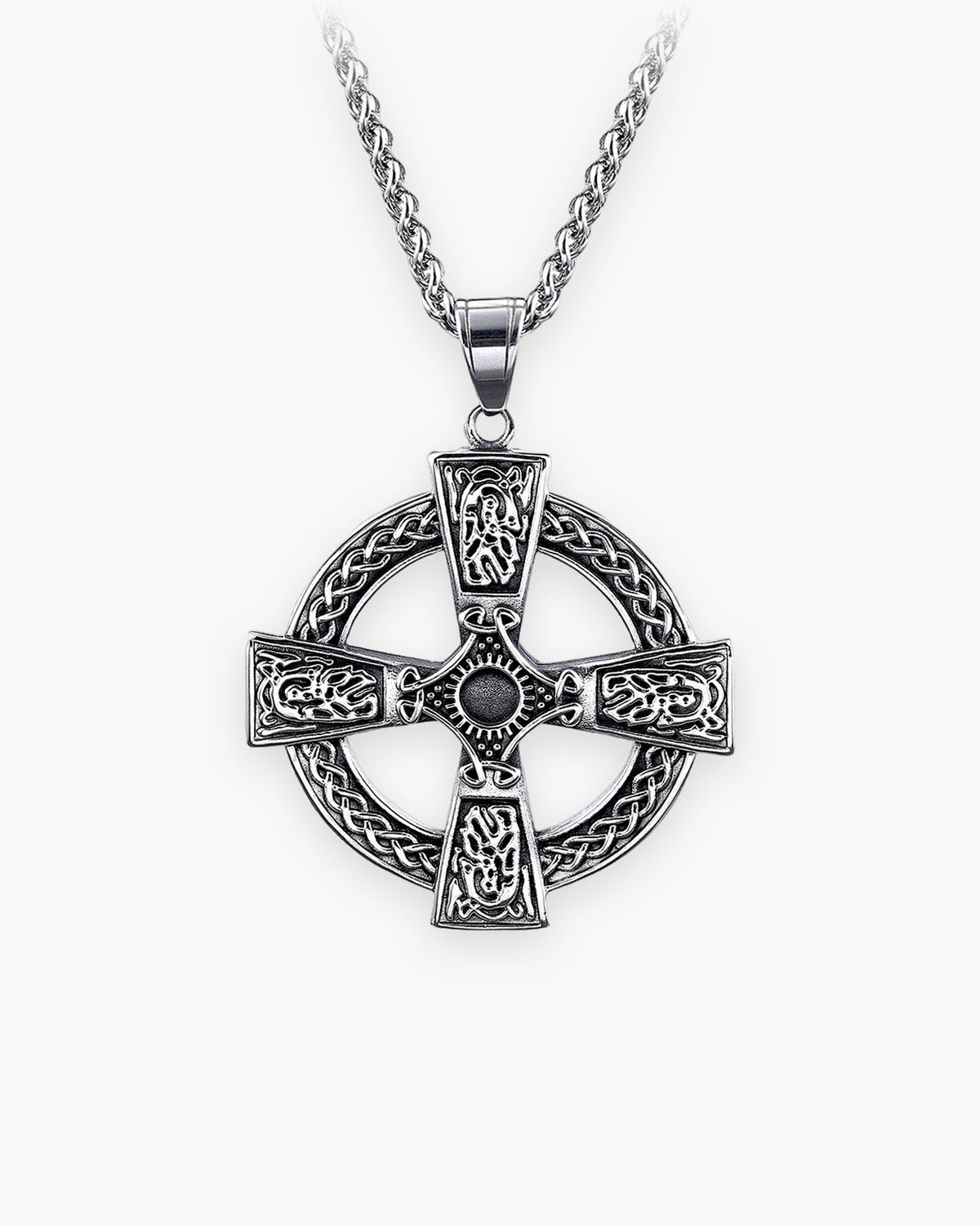 Atlas Celtic knotwork cross pendant in antiqued stainless steel on its box chain [c:pendantwithboxchain]
