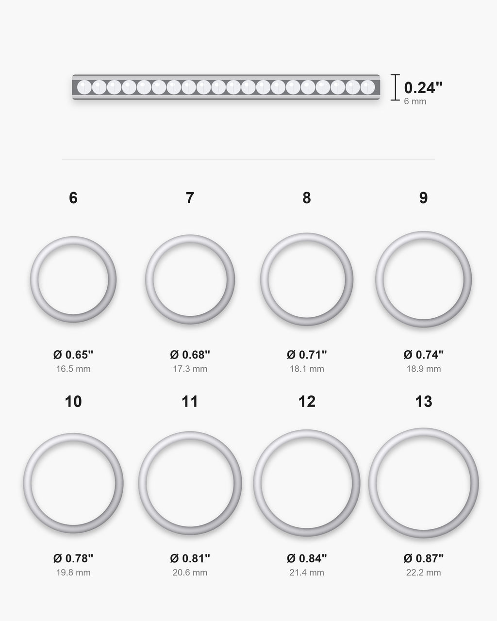 Atlas ring sizes 6 to 13 with inner diameters from 0.65 to 0.87 inch and the 0.24 inch band width [u:in]