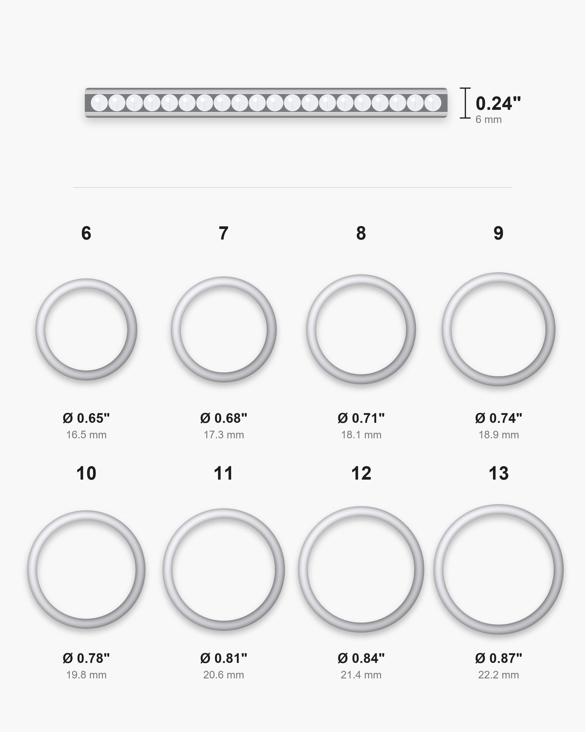 Atlas ring sizes 6 to 13 with inner diameters from 0.65 to 0.87 inch and the 0.24 inch band width [u:in]