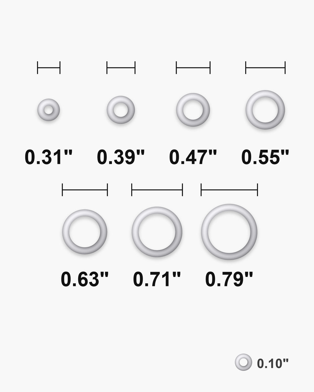 Atlas classic hoop earring diameters side by side at true scale, in inches: 0.31 to 0.79 inch [u:in]
