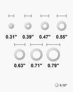 Atlas classic hoop earring diameters side by side at true scale, in inches: 0.31 to 0.79 inch [u:in]
