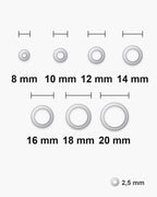 Atlas classic hoop earring diameters side by side at true scale: 8, 10, 12, 14, 16, 18, 20 mm, 2.5 mm thick [u:mm]