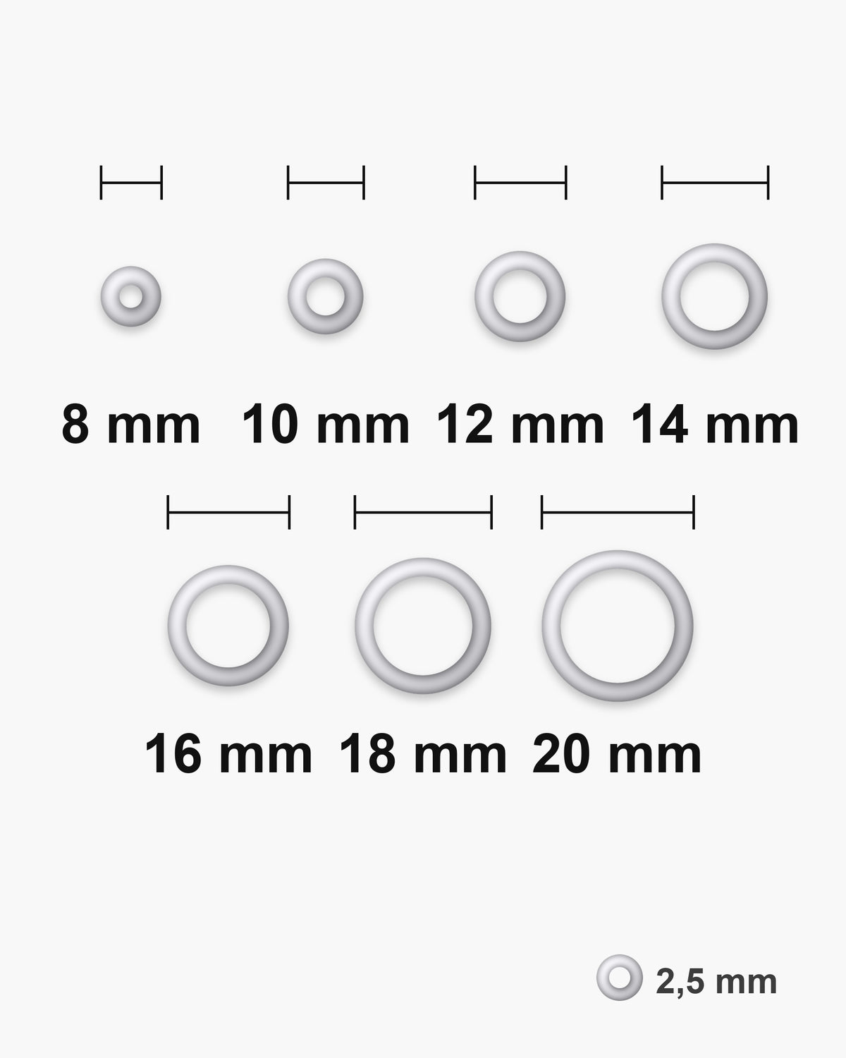 Atlas classic hoop earring diameters side by side at true scale: 8, 10, 12, 14, 16, 18, 20 mm, 2.5 mm thick [u:mm]
