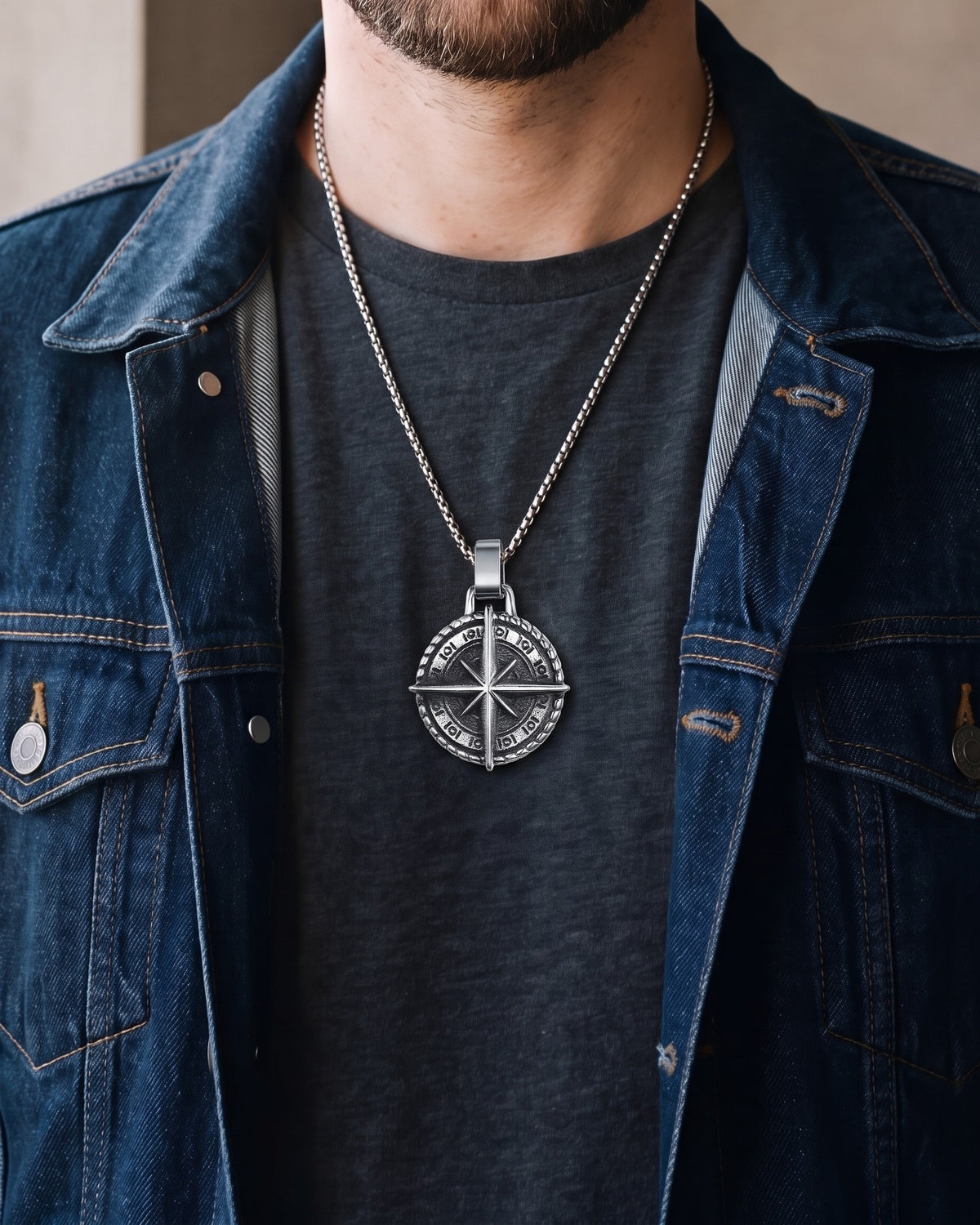 Close-up of the silver Atlas Compass Pendant Necklace in Steel worn by a man, shown at true size