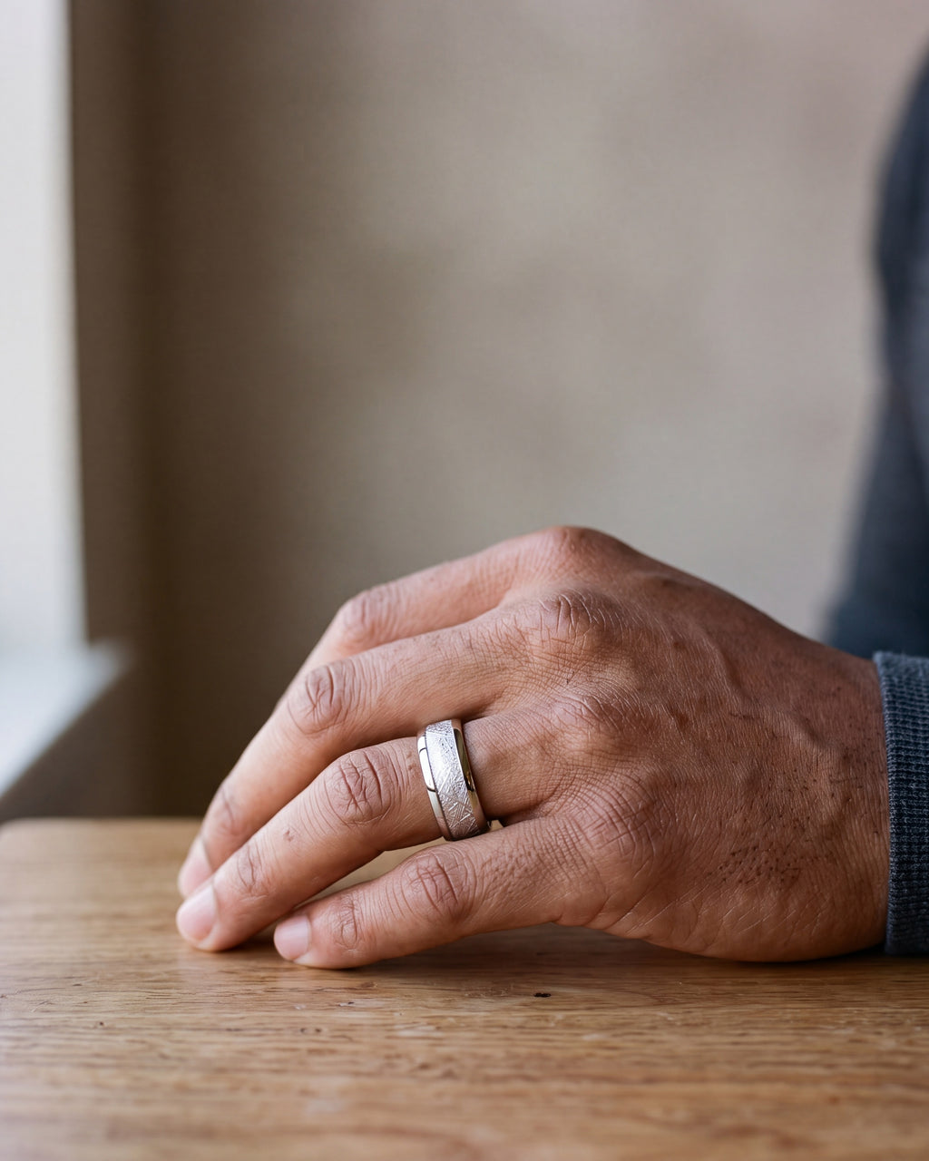 Close-up of the silver-tone Atlas Crosshatch Inlay Dome Ring worn at true size