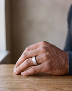 Close-up of the silver-tone Atlas Crosshatch Inlay Dome Ring worn at true size