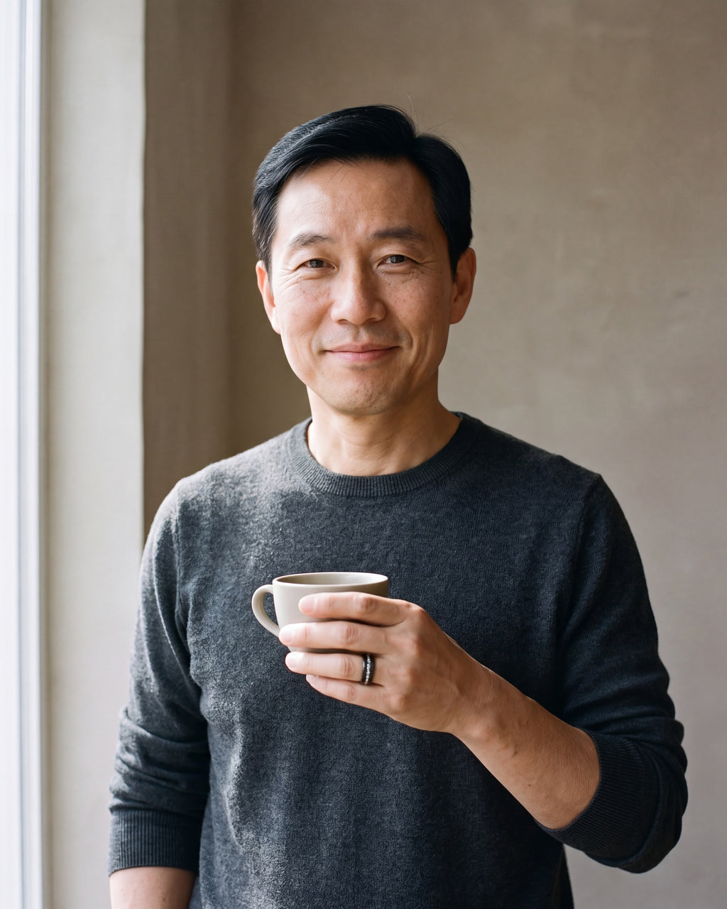 Man in a charcoal knit sweater wearing the Atlas crushed metal inlay ring in black steel