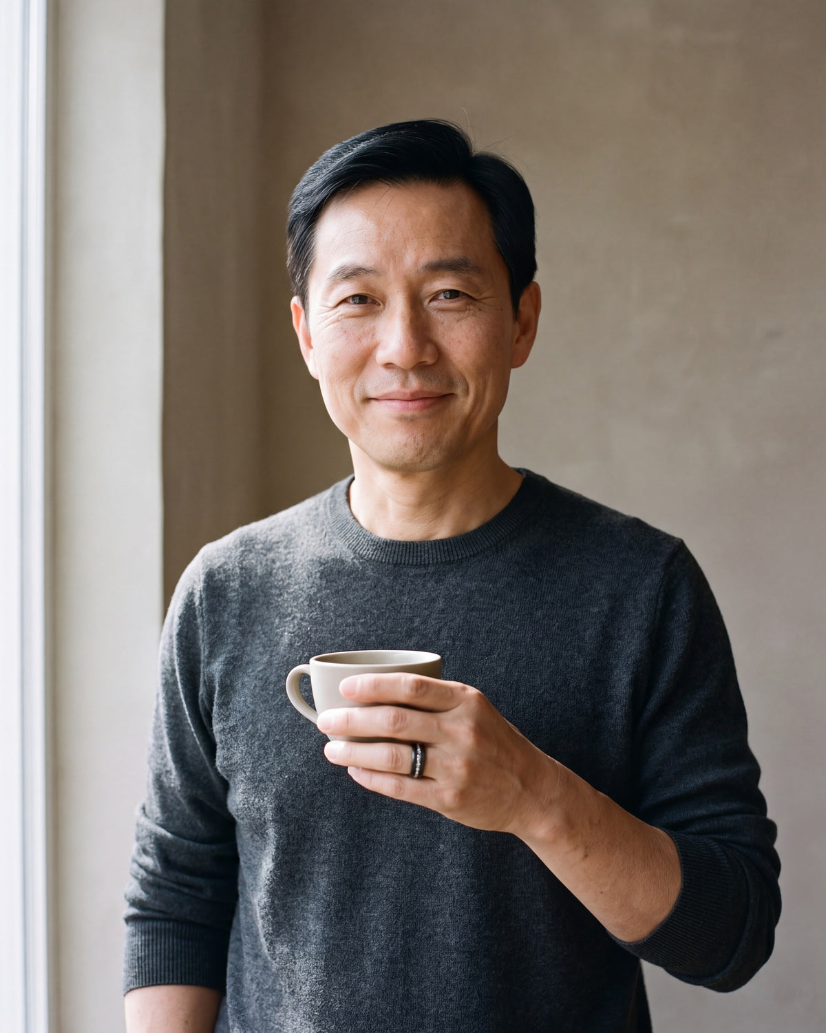 Man in a charcoal knit sweater wearing the Atlas crushed metal inlay ring in black steel