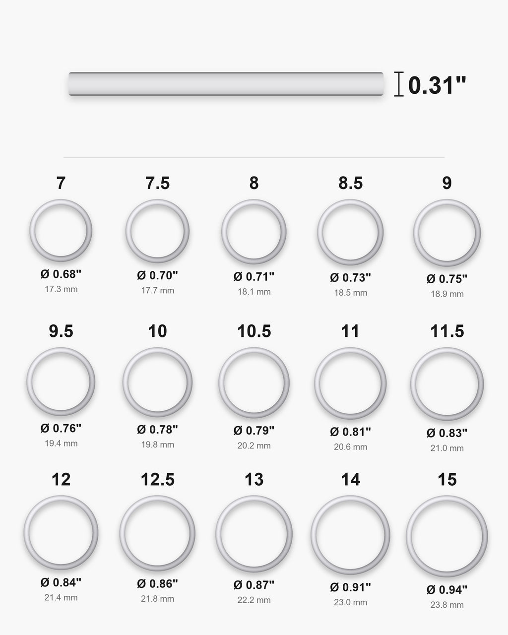Atlas ring sizes 7 to 15 with inner diameters and the 0.31 inch band width [u:in]
