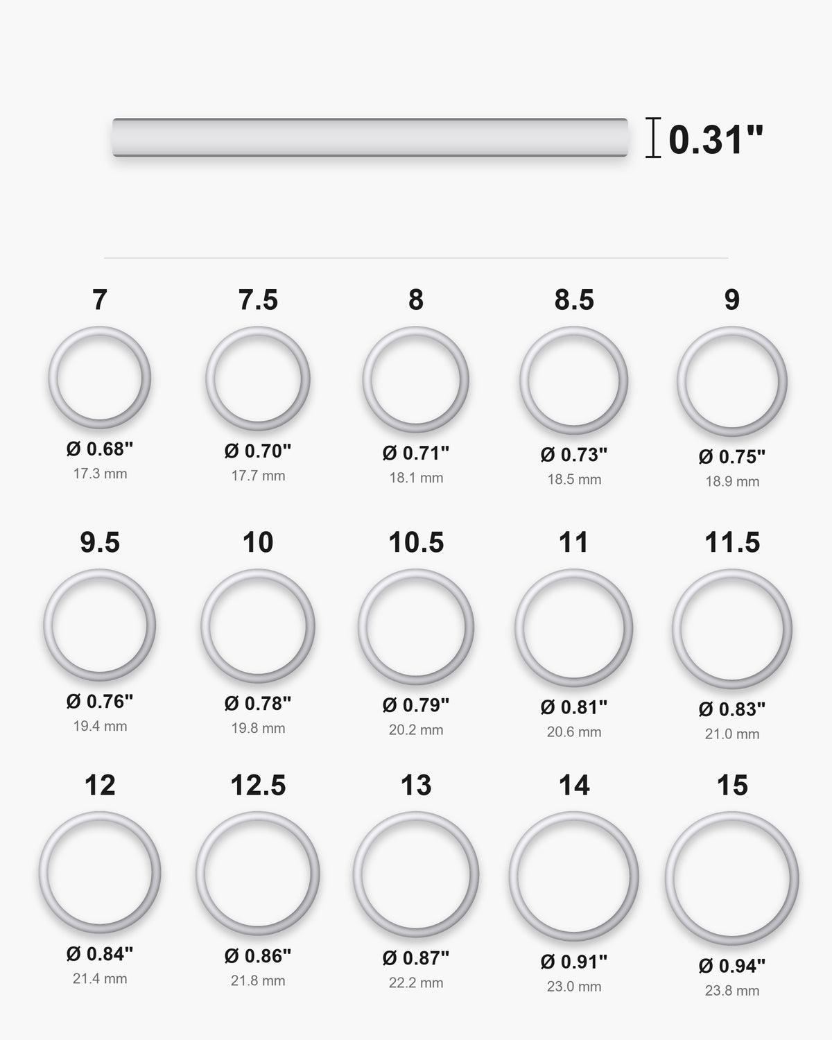 Atlas ring sizes 7 to 15 with inner diameters and the 0.31 inch band width [u:in]