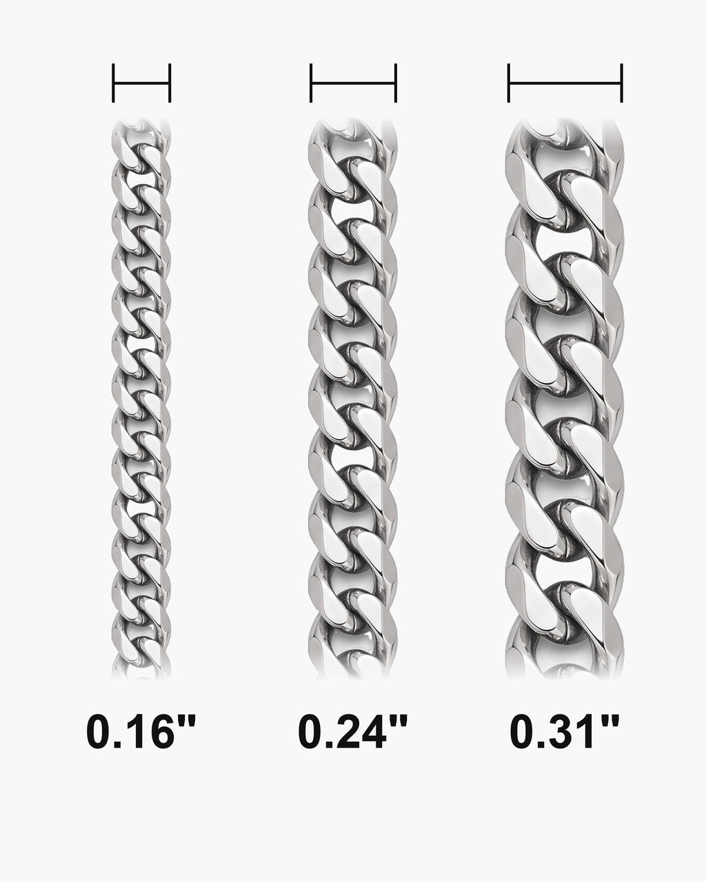 Atlas Cuban Chain widths 0.16 to 0.31 inch shown at true scale [u:in]