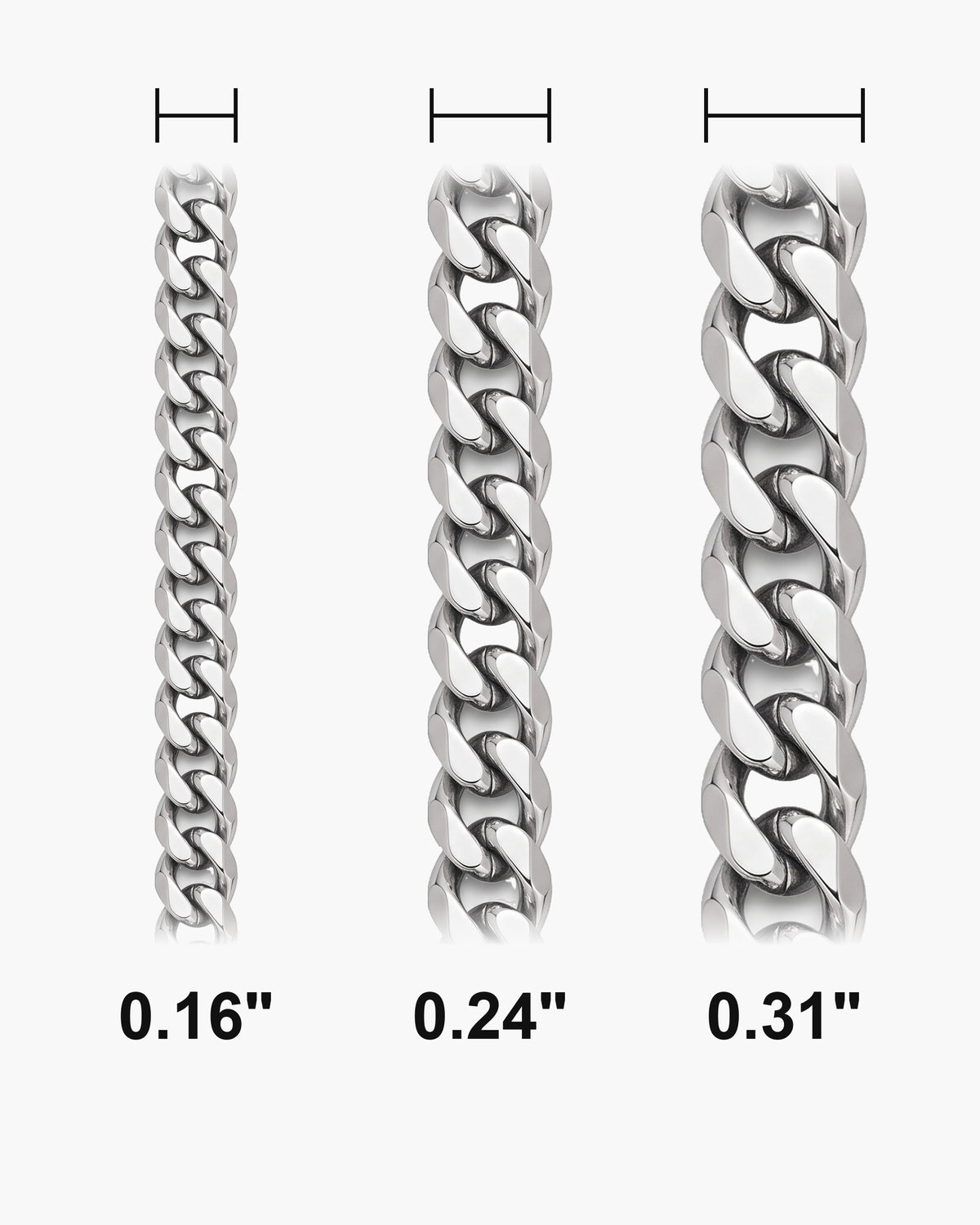 Atlas Cuban Chain widths 0.16 to 0.31 inch shown at true scale [u:in]