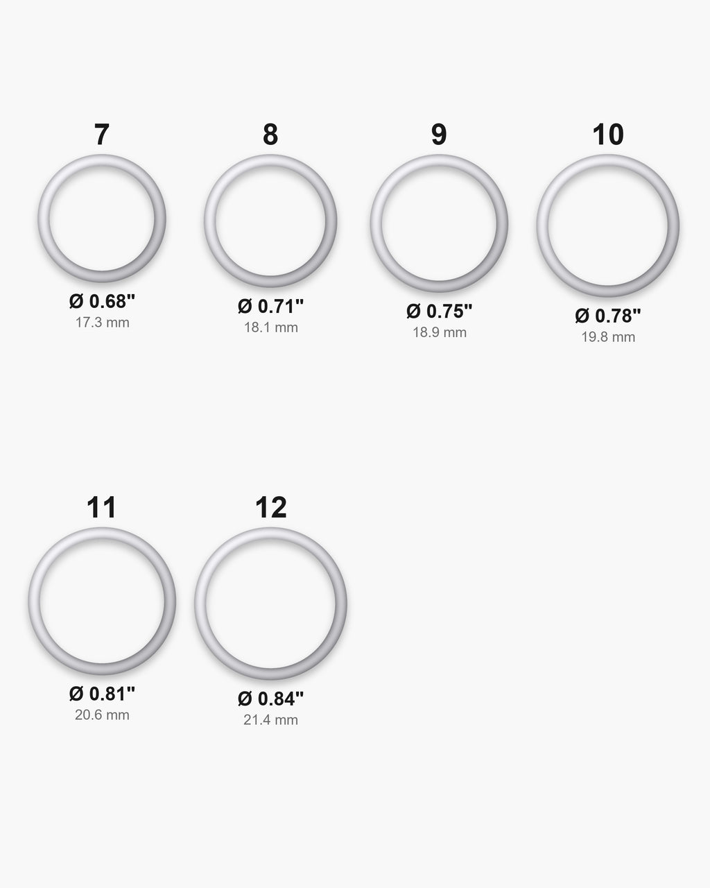 Atlas ring sizes 7 to 12 with inner diameters 0.68 to 0.84 inch [u:in]