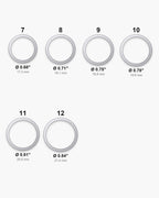 Atlas ring sizes 7 to 12 with inner diameters 0.68 to 0.84 inch [u:in]
