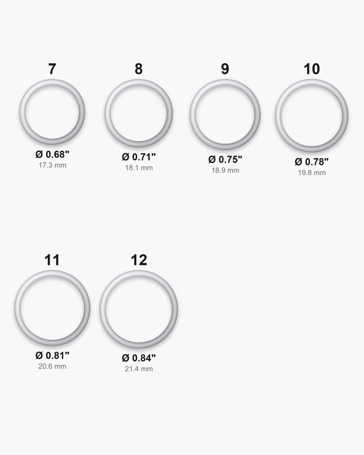 Atlas ring sizes 7 to 12 with inner diameters 0.68 to 0.84 inch [u:in]