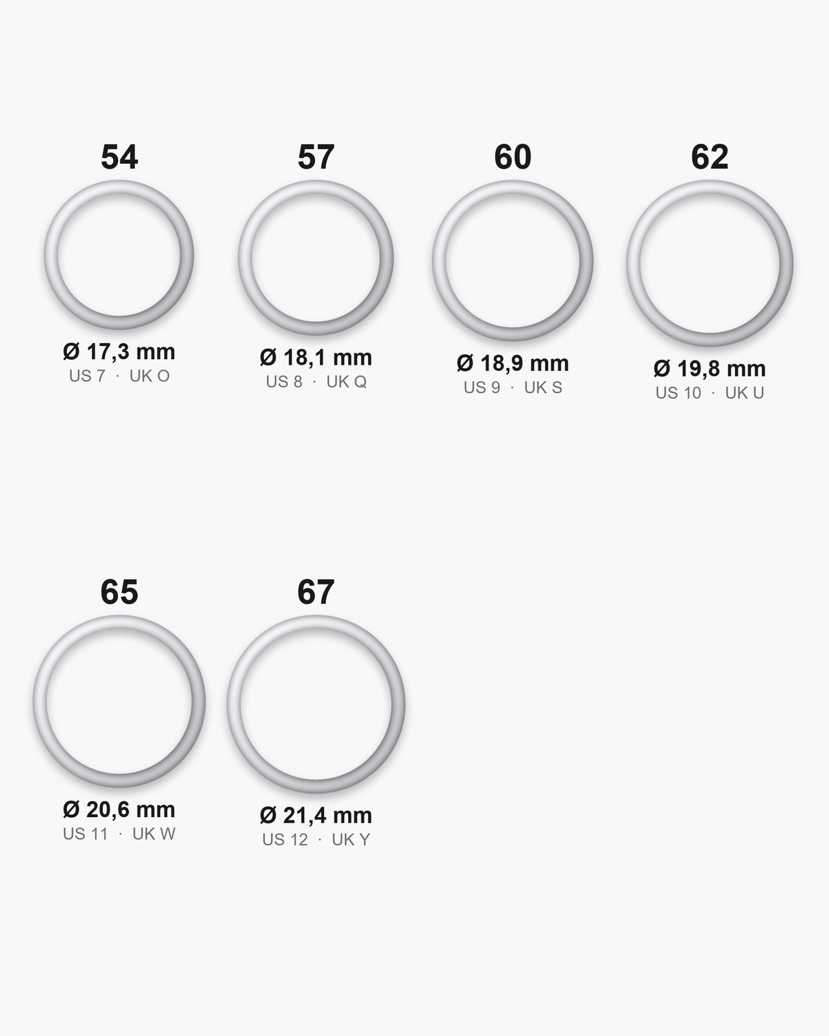Atlas ring sizes 54 to 67 with inner diameters 17.3 to 21.4 mm [u:mm]