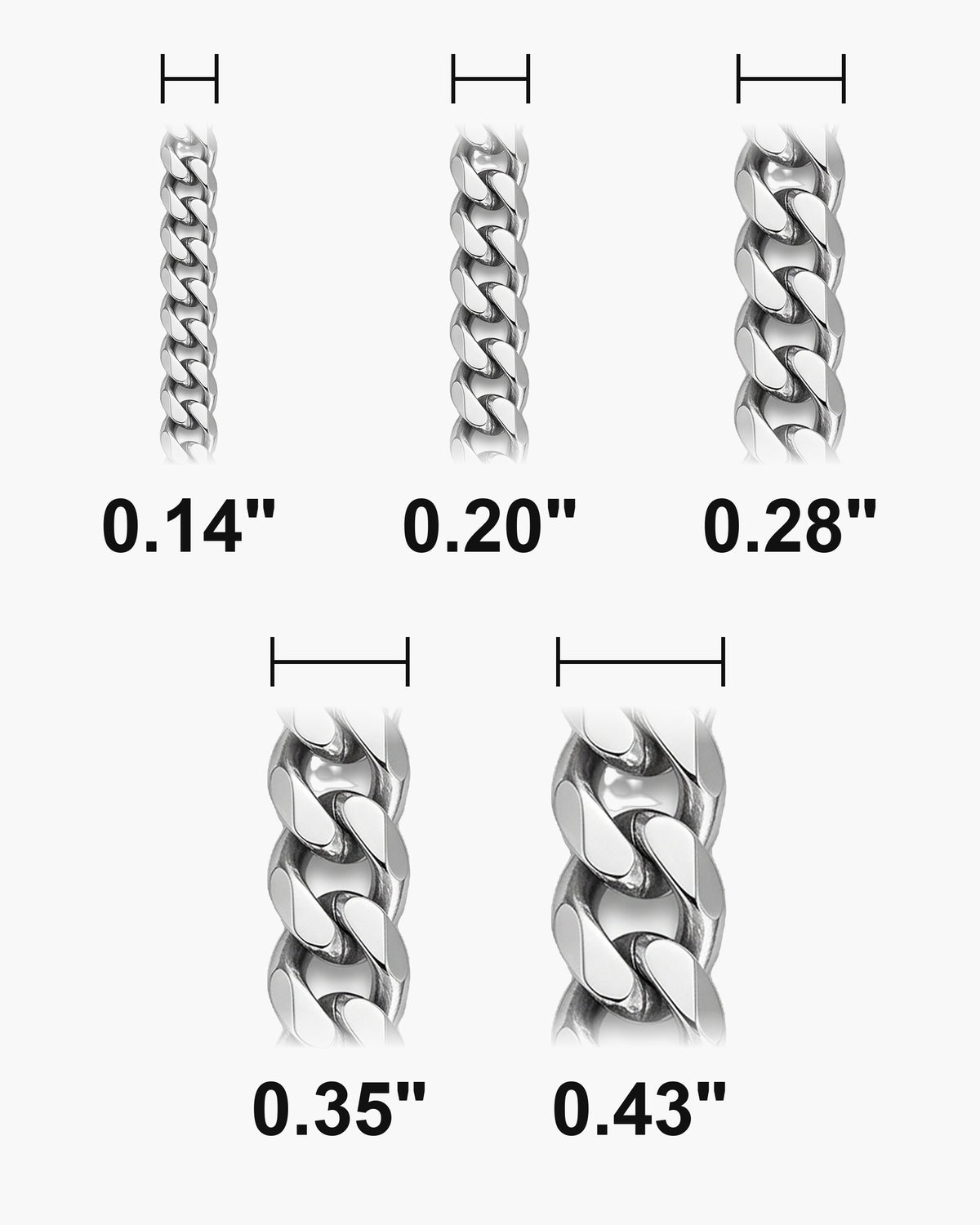 Atlas Cuban bracelet widths 0.14 to 0.43 inch at true scale [u:in]