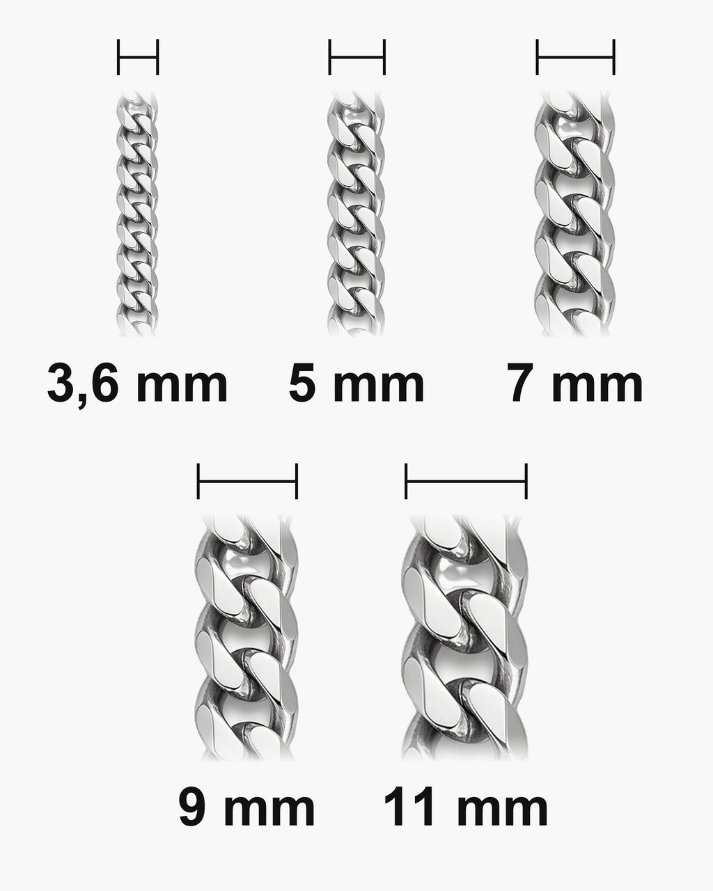 Atlas Cuban bracelet widths 3.6, 5, 7, 9 and 11 mm at true scale [u:mm]
