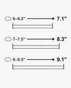 Atlas bracelet lengths 7.1, 8.3 and 9.1 inches with matching wrist sizes [u:in]