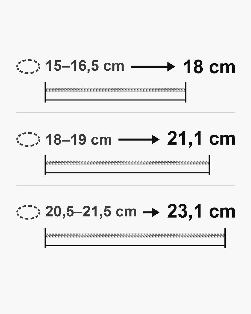 Atlas bracelet lengths 18, 21 and 23 cm with matching wrist sizes [u:mm]