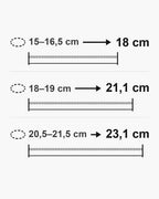Atlas bracelet lengths 18, 21 and 23 cm with matching wrist sizes [u:mm]