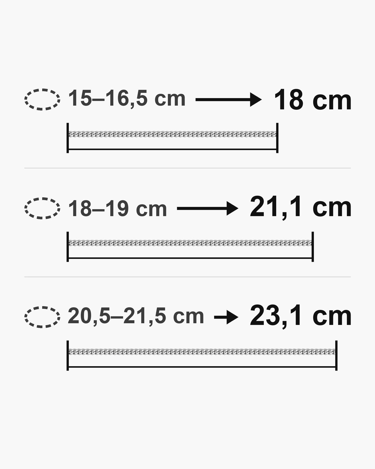 Atlas bracelet lengths 18, 21 and 23 cm with matching wrist sizes [u:mm]