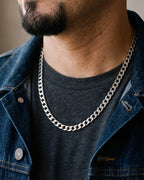 Close-up of the Atlas curb chain in silver-tone steel, worn at true size