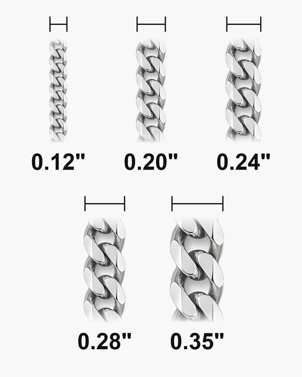 Atlas curb chain widths 0.12 to 0.35 inch at true scale [u:in]