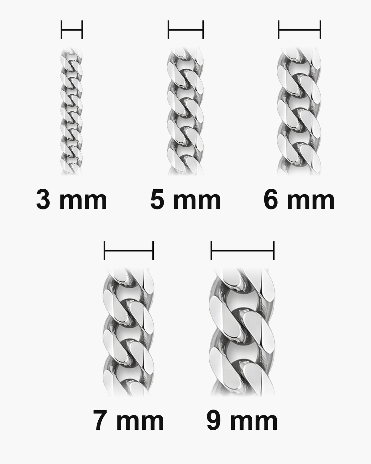 Atlas curb chain widths 3, 5, 6, 7 and 9 mm at true scale [u:mm]