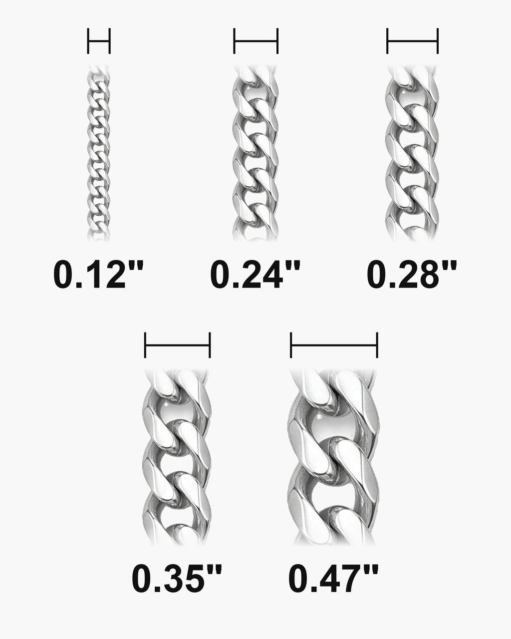 Atlas curb bracelet widths 0.12 to 0.47 inch at true scale [u:in]
