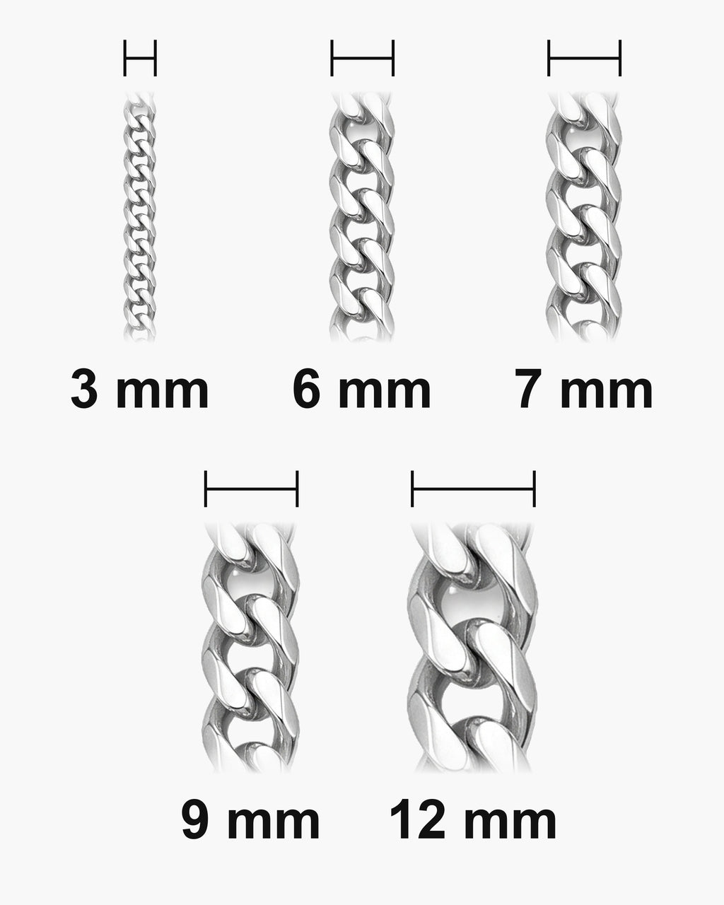Atlas curb bracelet widths 3, 6, 7, 9 and 12 mm at true scale [u:mm]