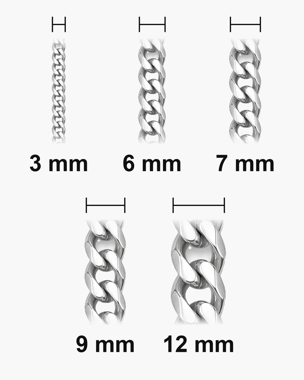 Atlas curb bracelet widths 3, 6, 7, 9 and 12 mm at true scale [u:mm]