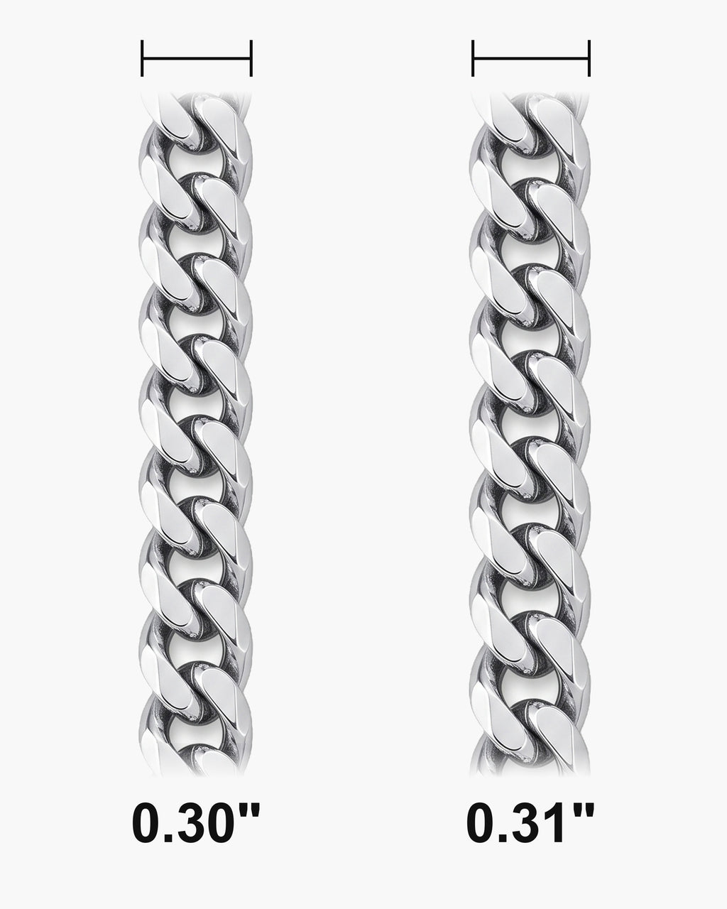 Atlas curb bracelet widths 0.30 and 0.31 inch at true scale [u:in]