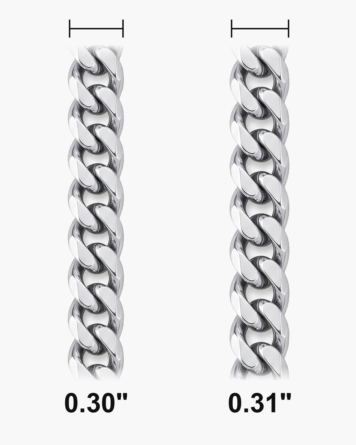 Atlas curb bracelet widths 0.30 and 0.31 inch at true scale [u:in]