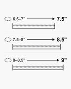 Atlas bracelet lengths 7.5, 8.5 and 9 inches with matching wrist sizes [u:in]