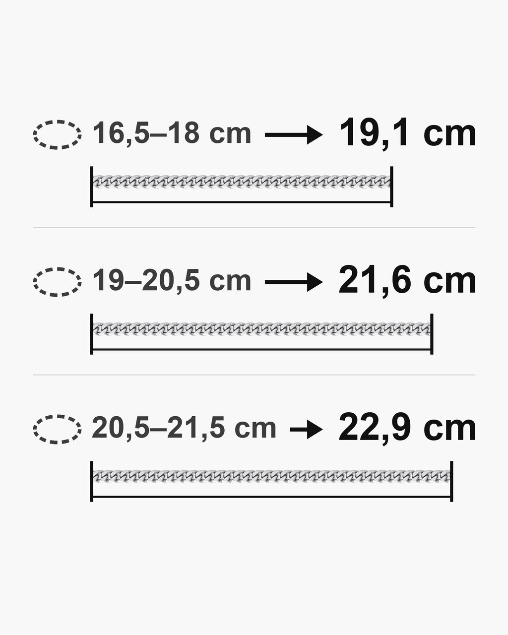Atlas bracelet lengths 19, 21.5 and 23 cm with matching wrist sizes [u:mm]