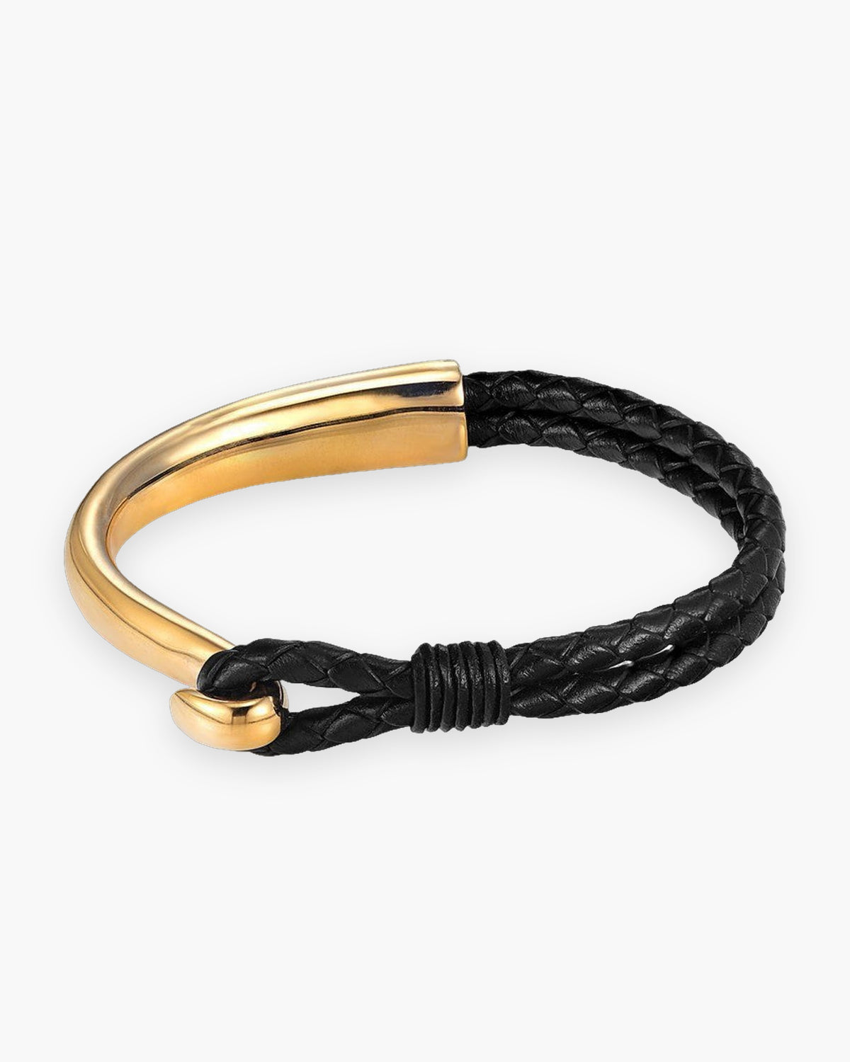 Atlas curved hook bracelet in braided black leather with gold-tone steel hook [c:gold]
