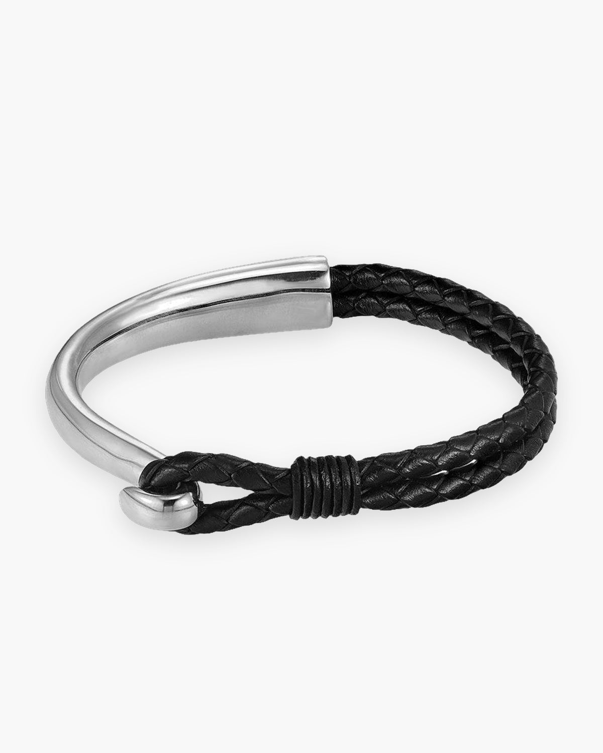 Atlas curved hook bracelet in braided black leather with silver steel hook [c:silver]