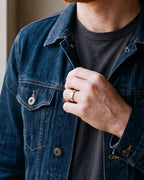 Close-up of a man's hand wearing the Atlas cubic zirconia band ring at true size
